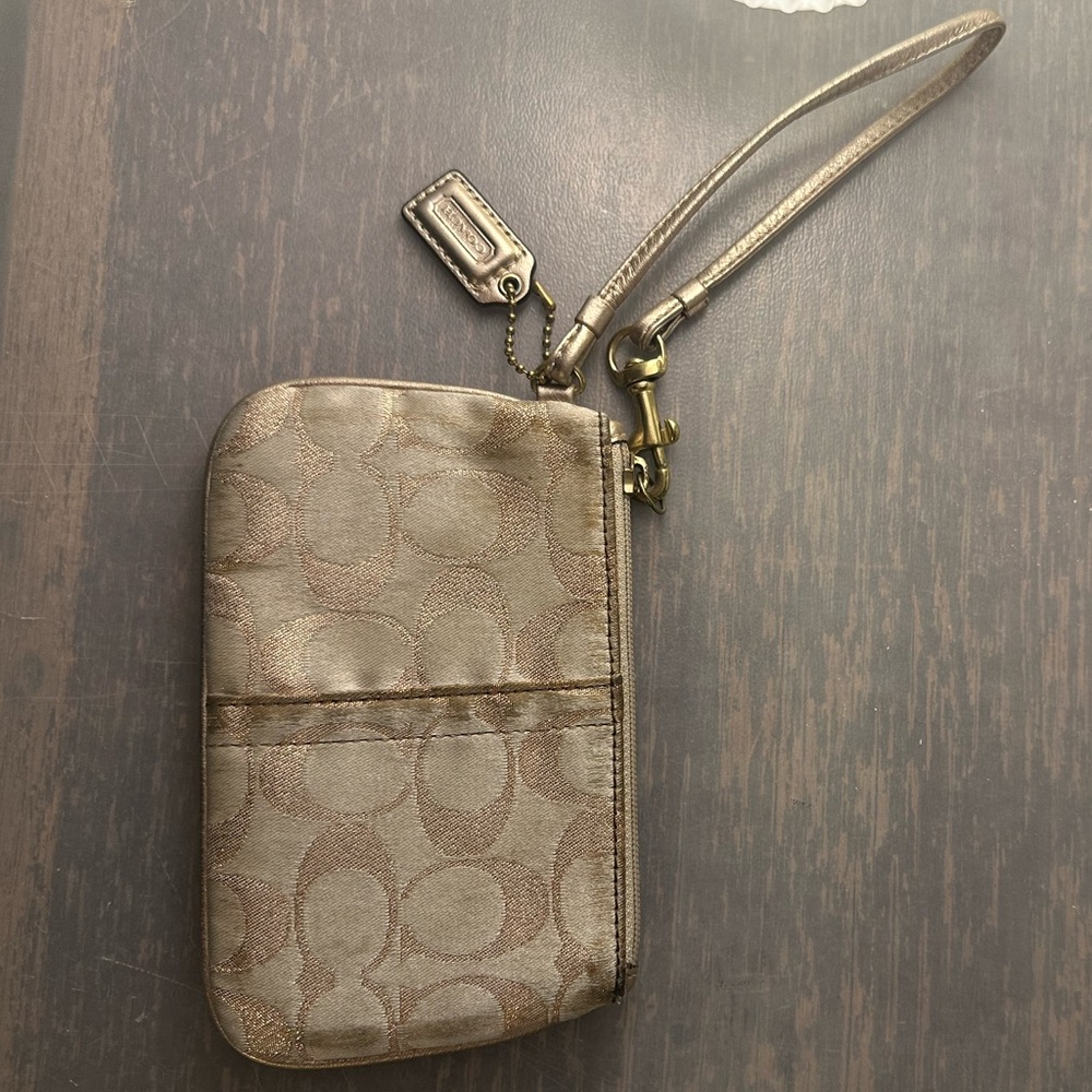 Coach Gold Signature Jacquard Wristlet with Purple Lining